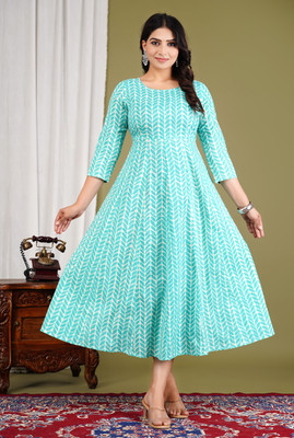 rainy rose Women Block Print Anarkali Kurta(Light Blue)