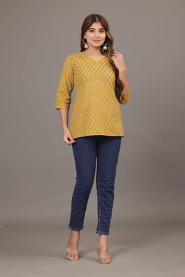 AAITHAN Women Printed Straight Kurta(Yellow)