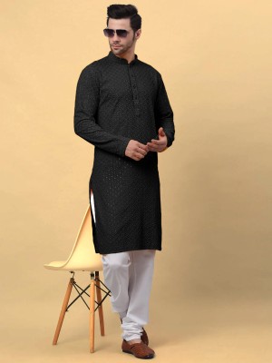 RagyaVastra Men Chikan Embroidery A-line Kurta(Black)