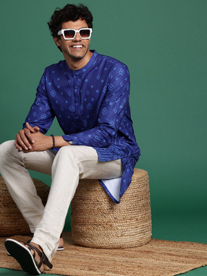 Sangria Men Printed Straight Kurta(Blue)