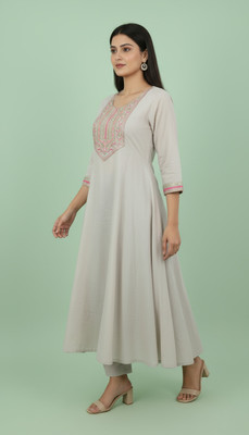 stitch haven Women Embroidered, Solid Flared Kurta(Beige)