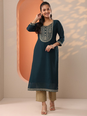 LIBAS Women Embroidered Straight Kurta(Blue)