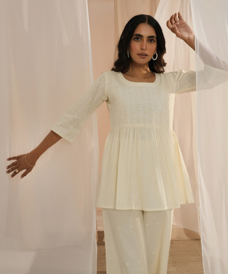 LIBAS Women Embroidered A-line Kurta(White)