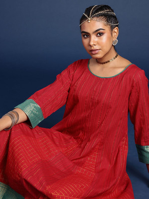 Taavi Women Woven Design A-line Kurta(Red)