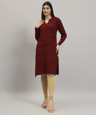 HERMISTON Women Solid, Embellished Straight Kurta(Maroon)