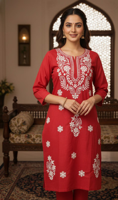CHIKANBAZAR Women Chikan Embroidery, Embroidered Straight Kurta(Maroon)