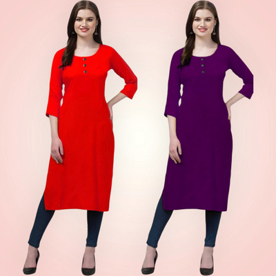 Coft Women Solid Straight Kurta(Purple, Red)
