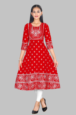 7 TIARA Girls Printed A-line Kurta(Red)