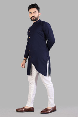 Looksky Men Solid Asymmetric Kurta(Dark Blue)