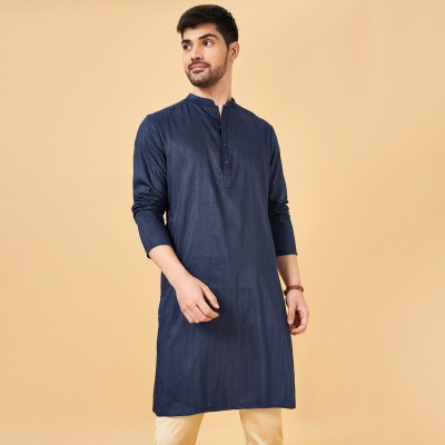 Indus Route by Pantaloons Men Solid Straight Kurta(Blue)