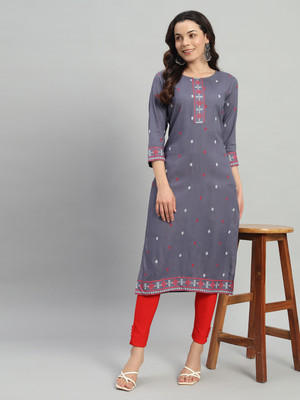 ASHRU Women Printed Straight Kurta(Grey)