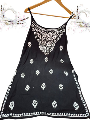 SHIVISTA CO Girls Chikan Embroidery A-line Kurta(Black)