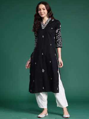 Indo Era Women Embroidered Straight Kurta(Black)