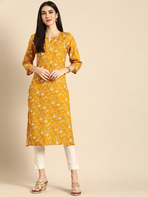 ANOUK Women Floral Print Straight Kurta(Yellow)