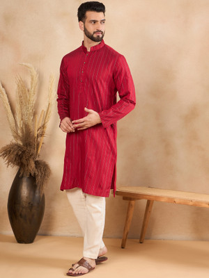 SWAGG INDIA Men Striped Straight Kurta(Red)