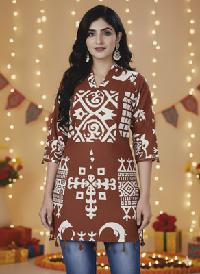 Khatu shyam Women Printed, Geometric Print, Abstract, Embellished Tunic Kurta(Brown)