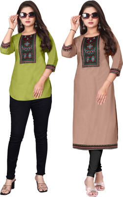 NIMIENTERPRIS Women Embroidered A-line Kurta(Light Green, Beige)