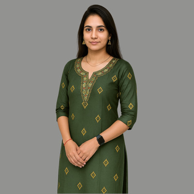 Glimmer Women Embroidered, Geometric Print A-line Kurta(Green)