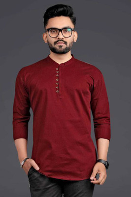 HouseOfCommon Men Solid Straight Kurta(Red)