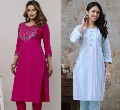 AuzaSho Collection Women Embroidered Straight Kurta(Blue, Pink)