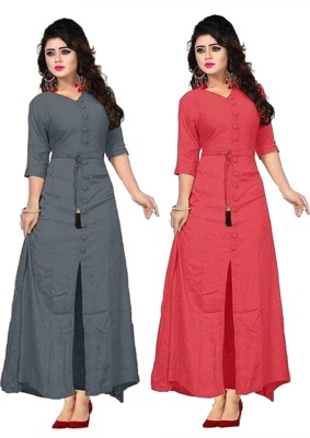 Echa Fab Women Solid A-line Kurta(Grey, Red)