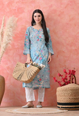 TRENDINAARI Women Embroidered A-line Kurta(Green)