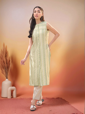 Sangria Women Striped Straight Kurta(Green)