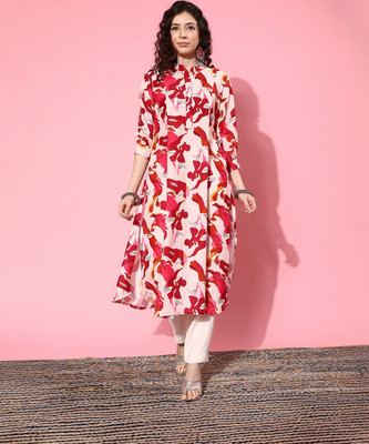 Varanga Women Printed A-line Kurta(White, Red)