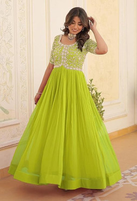 Lazzly Women Embroidered Gown Kurta(Light Green)