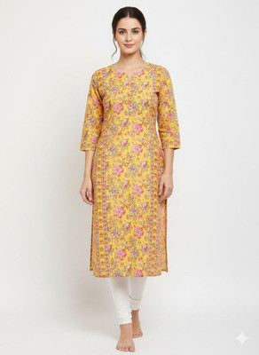 CRAFTIQUE Women Floral Print, Embroidered A-line Kurta(Yellow)