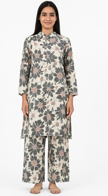 Snjc Women Printed A-line Kurta(Grey, Blue)