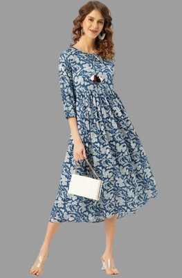 KPF Women Printed Flared Kurta(Blue)
