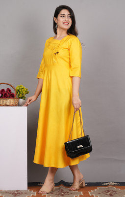 Puebell Women Solid Flared Kurta(Yellow)
