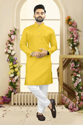 Shree Dutt Creation Men Solid Straight Kurta(Yellow)