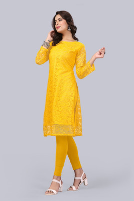 Manthan Creation Women Embroidered A-line Kurta(Yellow)
