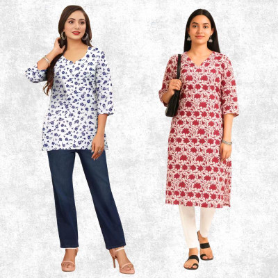 PRADHANJI COLLECTION Women Floral Print, Checkered Straight Kurta(Maroon, Black)