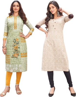 Jevi Prints Women Floral Print Straight Kurta(Green, Beige)