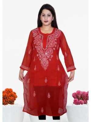 Khan SherajEnp Women Embroidered Straight Kurta(Red)