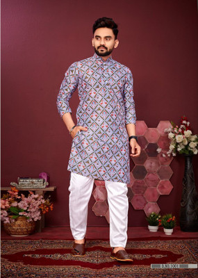 S KUADA Men Printed Straight Kurta(Grey)