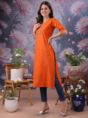 FORKEY Women Embroidered Straight Kurta(Orange)