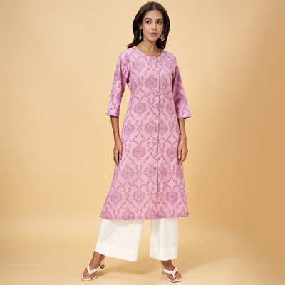 Rangmanch by Pantaloons Women Printed Frontslit Kurta(Purple)