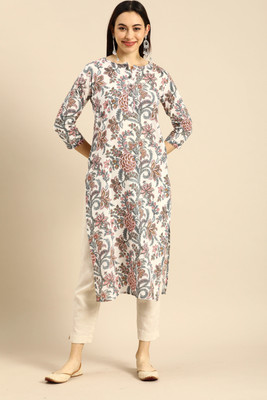 Rajnandini Women Floral Print Straight Kurta(White)