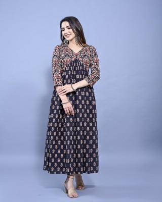 Shubhmantra Women Printed Flared Kurta(Black)