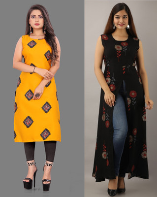tanvi creation Women Printed Straight Kurta(Yellow, Black)