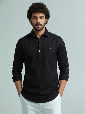 LENIA Men Solid A-line Kurta(Black)