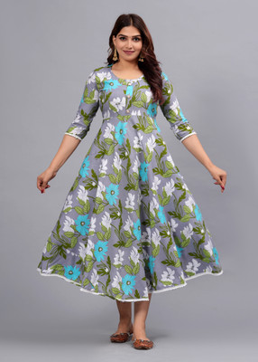 ANNEIV Women Floral Print Anarkali Kurta(Grey)