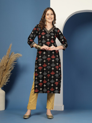 Daevish Women Printed Straight Kurta(Black)
