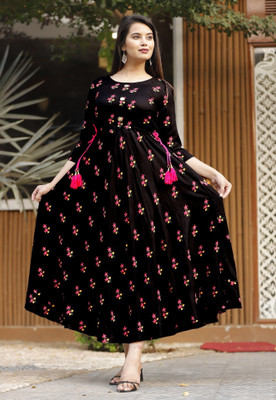 anushansa Women Floral Print Anarkali Kurta(Black, Pink, Yellow)