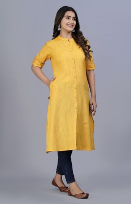 Dizon Women Solid A-line Kurta(Yellow)