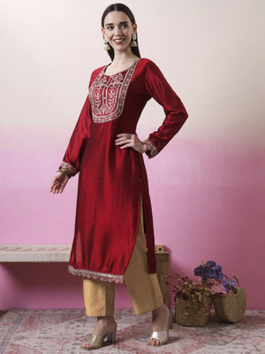 RARE THREAD Women Embroidered A-line Kurta(Maroon)